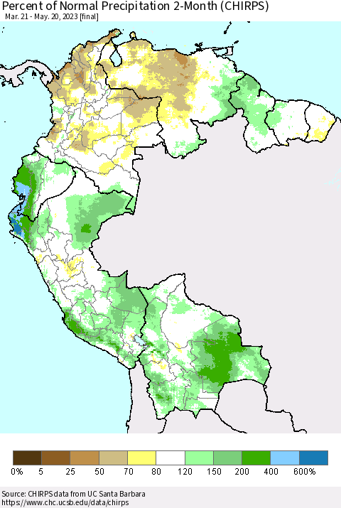 Northern South America Percent of Normal Precipitation 2-Month (CHIRPS) Thematic Map For 3/21/2023 - 5/20/2023