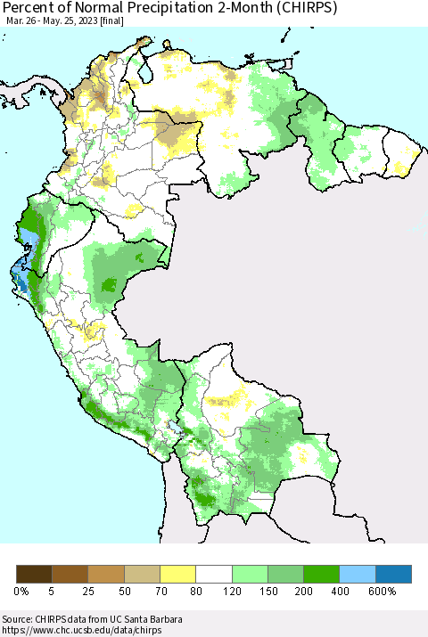 Northern South America Percent of Normal Precipitation 2-Month (CHIRPS) Thematic Map For 3/26/2023 - 5/25/2023