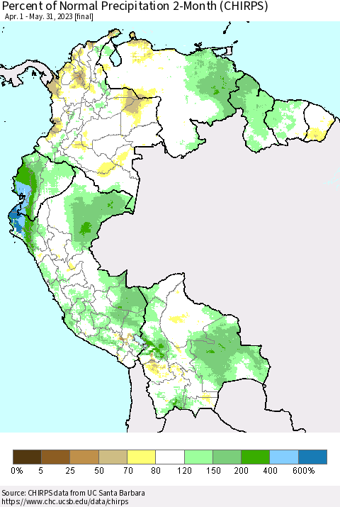Northern South America Percent of Normal Precipitation 2-Month (CHIRPS) Thematic Map For 4/1/2023 - 5/31/2023