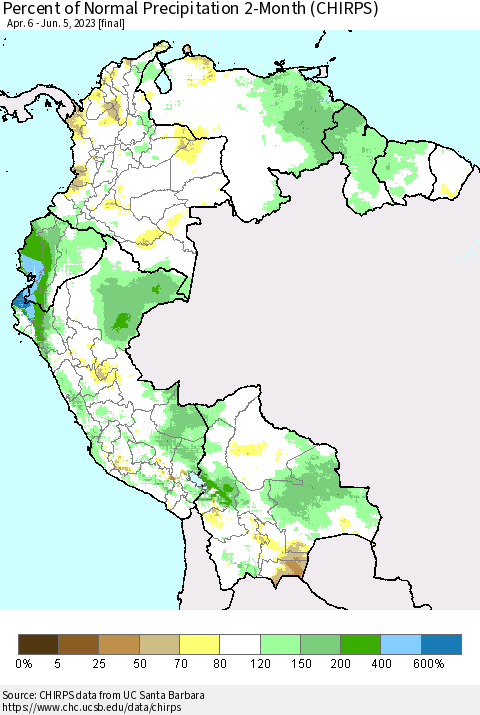 Northern South America Percent of Normal Precipitation 2-Month (CHIRPS) Thematic Map For 4/6/2023 - 6/5/2023