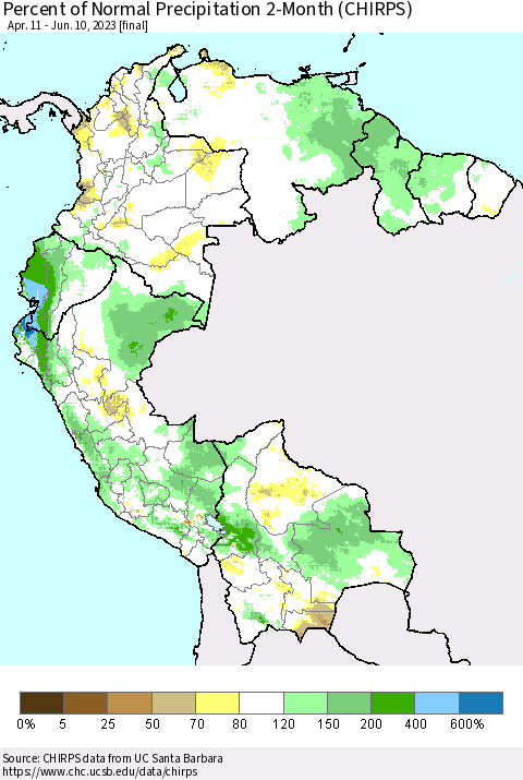 Northern South America Percent of Normal Precipitation 2-Month (CHIRPS) Thematic Map For 4/11/2023 - 6/10/2023