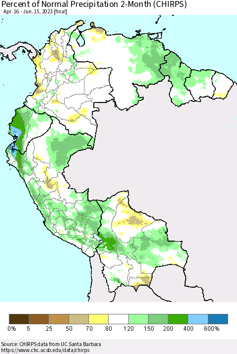 Northern South America Percent of Normal Precipitation 2-Month (CHIRPS) Thematic Map For 4/16/2023 - 6/15/2023