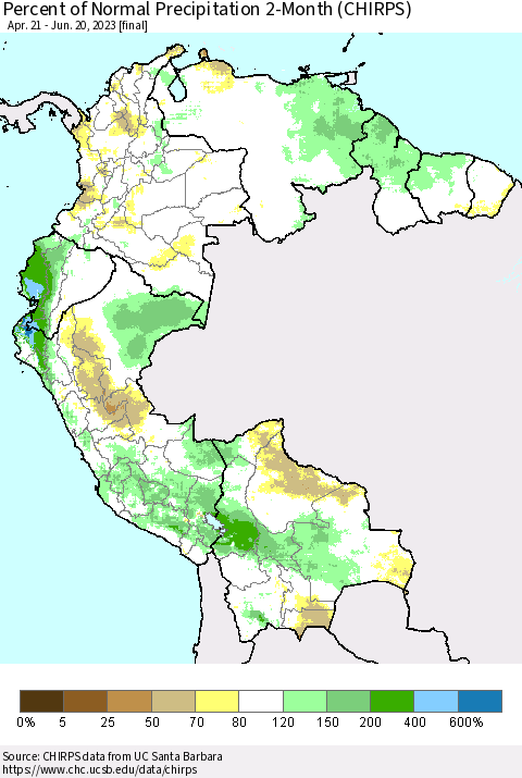 Northern South America Percent of Normal Precipitation 2-Month (CHIRPS) Thematic Map For 4/21/2023 - 6/20/2023