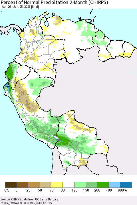 Northern South America Percent of Normal Precipitation 2-Month (CHIRPS) Thematic Map For 4/26/2023 - 6/25/2023