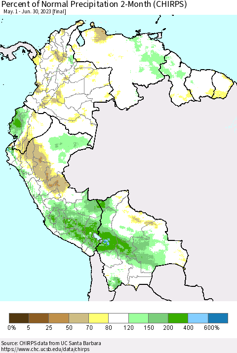 Northern South America Percent of Normal Precipitation 2-Month (CHIRPS) Thematic Map For 5/1/2023 - 6/30/2023