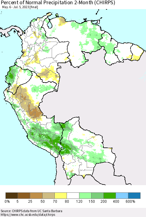 Northern South America Percent of Normal Precipitation 2-Month (CHIRPS) Thematic Map For 5/6/2023 - 7/5/2023