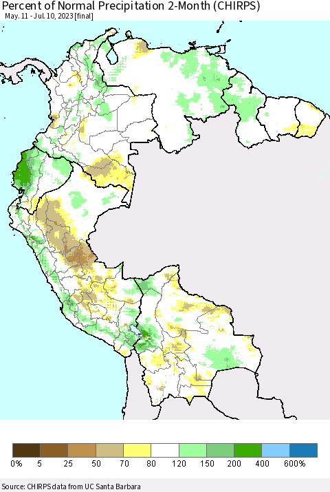 Northern South America Percent of Normal Precipitation 2-Month (CHIRPS) Thematic Map For 5/11/2023 - 7/10/2023