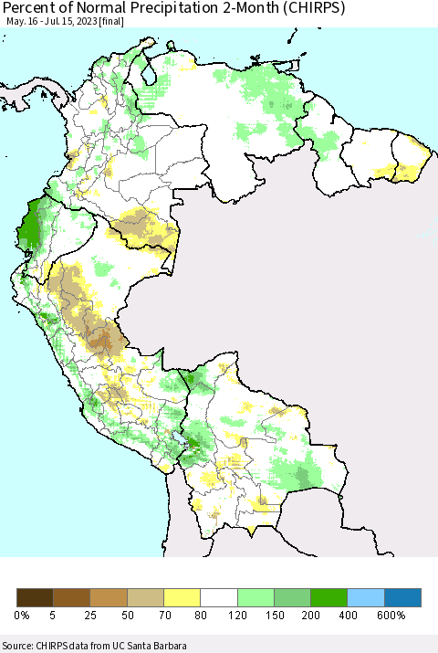 Northern South America Percent of Normal Precipitation 2-Month (CHIRPS) Thematic Map For 5/16/2023 - 7/15/2023