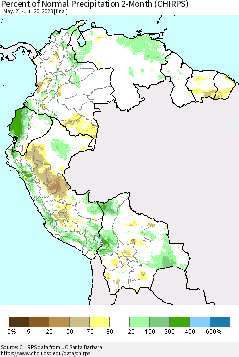 Northern South America Percent of Normal Precipitation 2-Month (CHIRPS) Thematic Map For 5/21/2023 - 7/20/2023