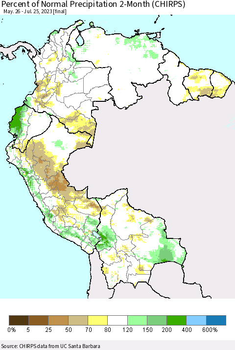Northern South America Percent of Normal Precipitation 2-Month (CHIRPS) Thematic Map For 5/26/2023 - 7/25/2023