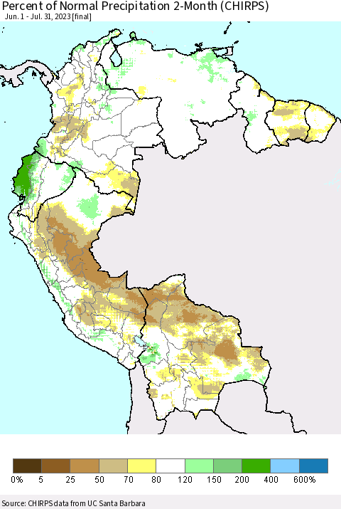 Northern South America Percent of Normal Precipitation 2-Month (CHIRPS) Thematic Map For 6/1/2023 - 7/31/2023
