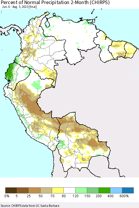Northern South America Percent of Normal Precipitation 2-Month (CHIRPS) Thematic Map For 6/6/2023 - 8/5/2023