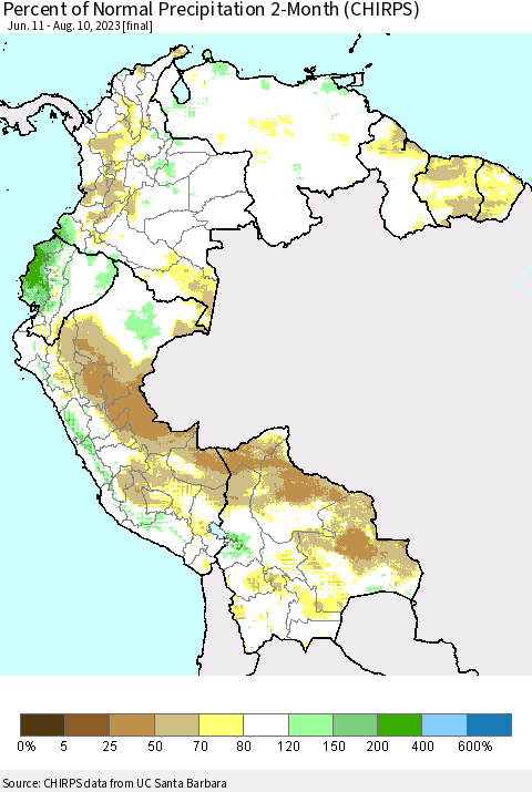 Northern South America Percent of Normal Precipitation 2-Month (CHIRPS) Thematic Map For 6/11/2023 - 8/10/2023