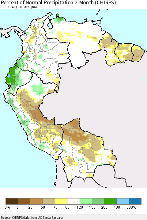 Northern South America Percent of Normal Precipitation 2-Month (CHIRPS) Thematic Map For 7/1/2023 - 8/31/2023
