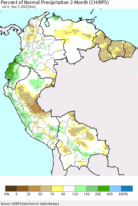 Northern South America Percent of Normal Precipitation 2-Month (CHIRPS) Thematic Map For 7/6/2023 - 9/5/2023