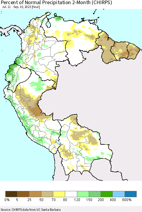 Northern South America Percent of Normal Precipitation 2-Month (CHIRPS) Thematic Map For 7/11/2023 - 9/10/2023