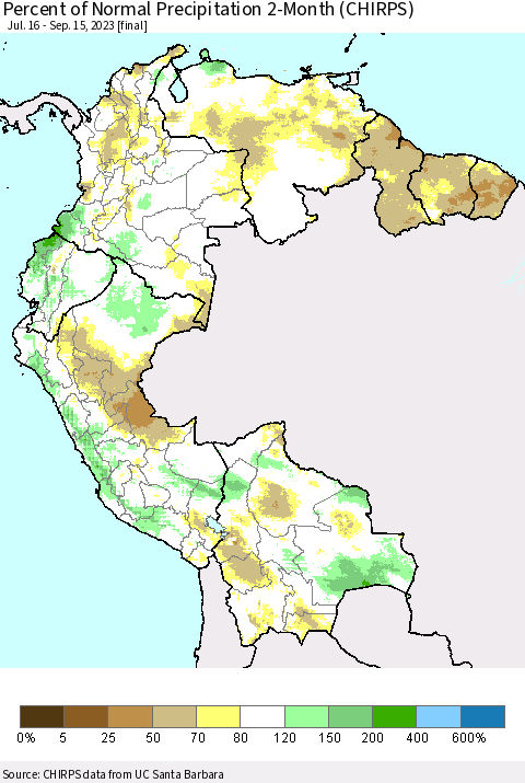 Northern South America Percent of Normal Precipitation 2-Month (CHIRPS) Thematic Map For 7/16/2023 - 9/15/2023