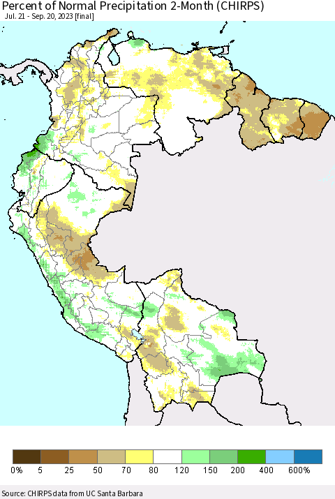 Northern South America Percent of Normal Precipitation 2-Month (CHIRPS) Thematic Map For 7/21/2023 - 9/20/2023