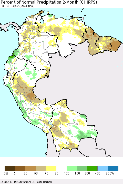 Northern South America Percent of Normal Precipitation 2-Month (CHIRPS) Thematic Map For 7/26/2023 - 9/25/2023