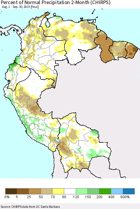 Northern South America Percent of Normal Precipitation 2-Month (CHIRPS) Thematic Map For 8/1/2023 - 9/30/2023