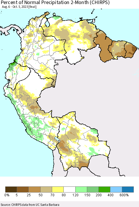Northern South America Percent of Normal Precipitation 2-Month (CHIRPS) Thematic Map For 8/6/2023 - 10/5/2023