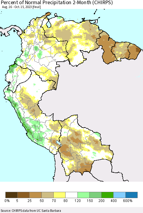 Northern South America Percent of Normal Precipitation 2-Month (CHIRPS) Thematic Map For 8/16/2023 - 10/15/2023