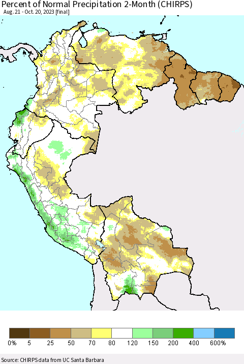 Northern South America Percent of Normal Precipitation 2-Month (CHIRPS) Thematic Map For 8/21/2023 - 10/20/2023