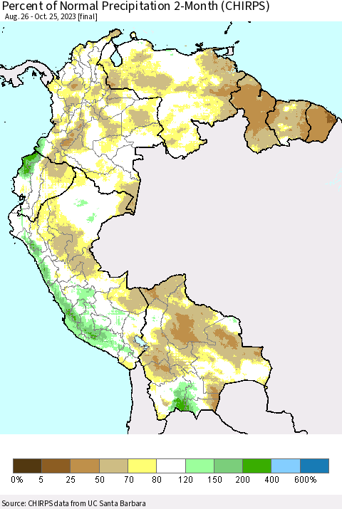 Northern South America Percent of Normal Precipitation 2-Month (CHIRPS) Thematic Map For 8/26/2023 - 10/25/2023