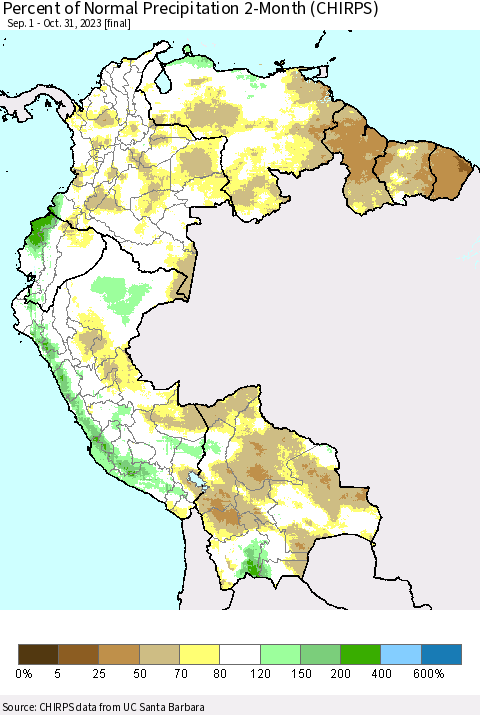 Northern South America Percent of Normal Precipitation 2-Month (CHIRPS) Thematic Map For 9/1/2023 - 10/31/2023