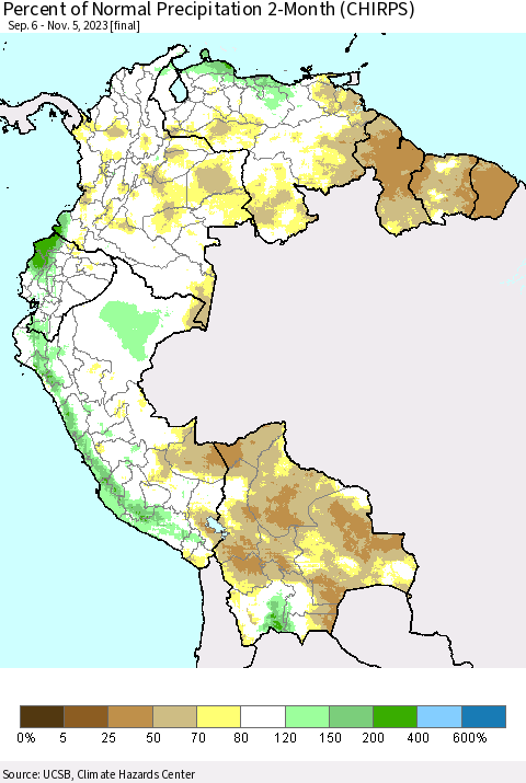 Northern South America Percent of Normal Precipitation 2-Month (CHIRPS) Thematic Map For 9/6/2023 - 11/5/2023