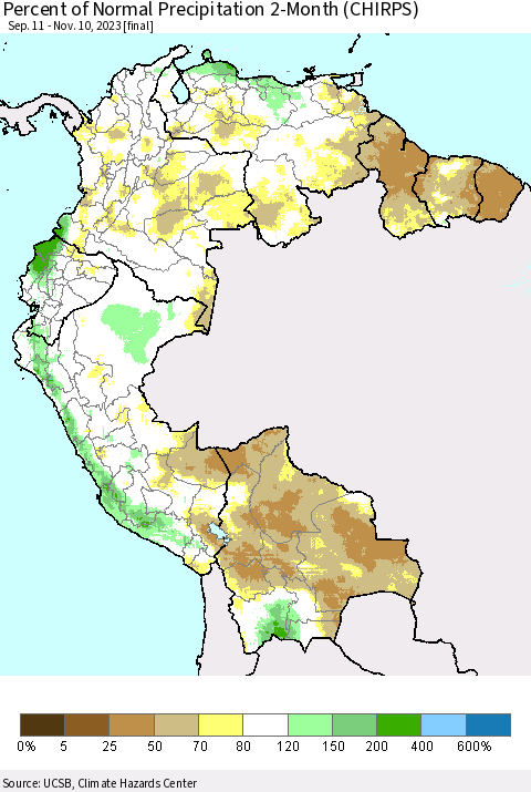 Northern South America Percent of Normal Precipitation 2-Month (CHIRPS) Thematic Map For 9/11/2023 - 11/10/2023