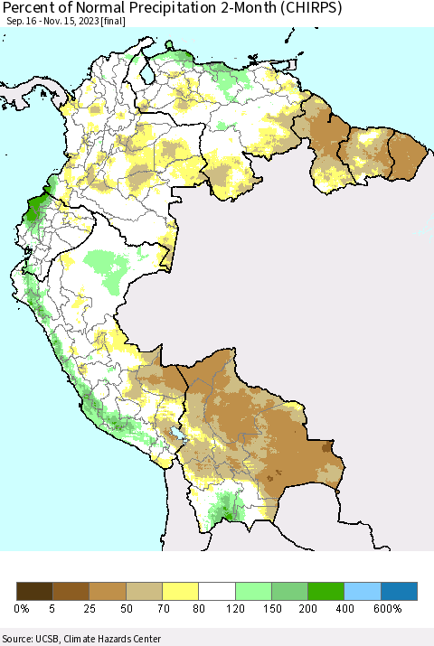 Northern South America Percent of Normal Precipitation 2-Month (CHIRPS) Thematic Map For 9/16/2023 - 11/15/2023