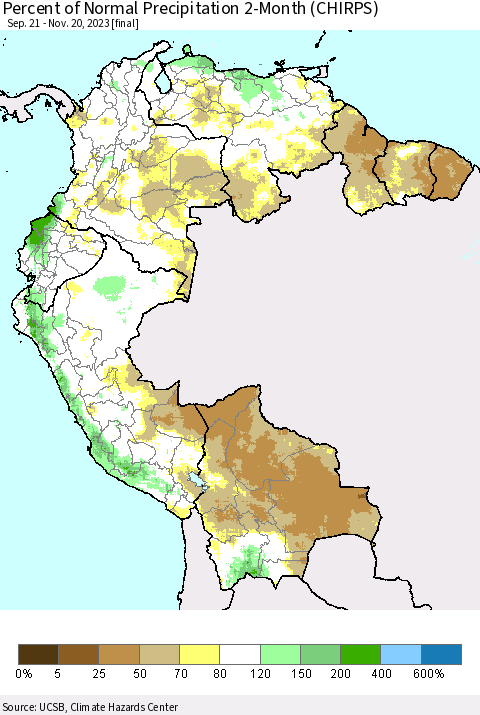 Northern South America Percent of Normal Precipitation 2-Month (CHIRPS) Thematic Map For 9/21/2023 - 11/20/2023