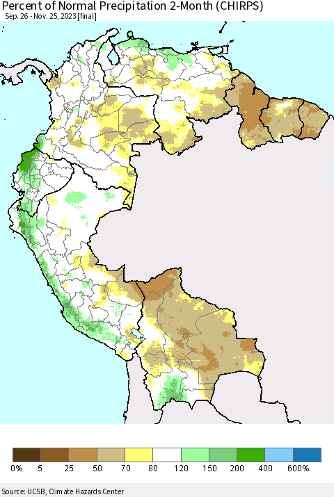 Northern South America Percent of Normal Precipitation 2-Month (CHIRPS) Thematic Map For 9/26/2023 - 11/25/2023