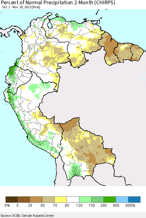 Northern South America Percent of Normal Precipitation 2-Month (CHIRPS) Thematic Map For 10/1/2023 - 11/30/2023