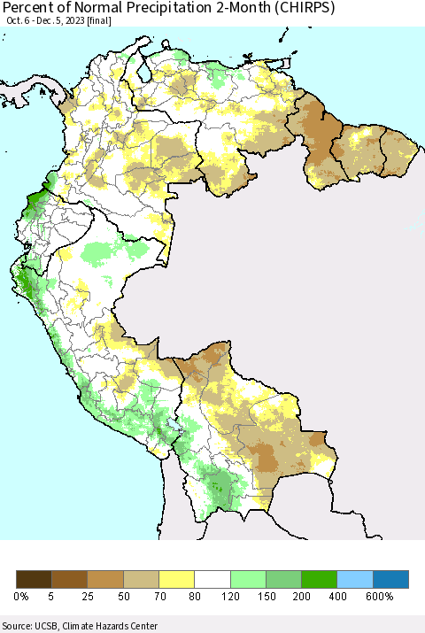 Northern South America Percent of Normal Precipitation 2-Month (CHIRPS) Thematic Map For 10/6/2023 - 12/5/2023