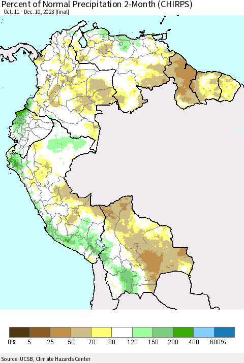 Northern South America Percent of Normal Precipitation 2-Month (CHIRPS) Thematic Map For 10/11/2023 - 12/10/2023