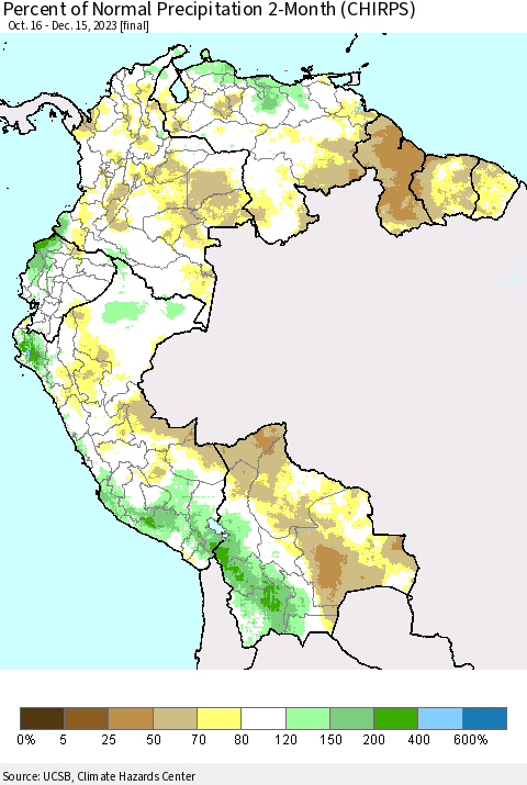 Northern South America Percent of Normal Precipitation 2-Month (CHIRPS) Thematic Map For 10/16/2023 - 12/15/2023