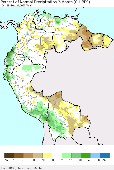Northern South America Percent of Normal Precipitation 2-Month (CHIRPS) Thematic Map For 10/21/2023 - 12/20/2023