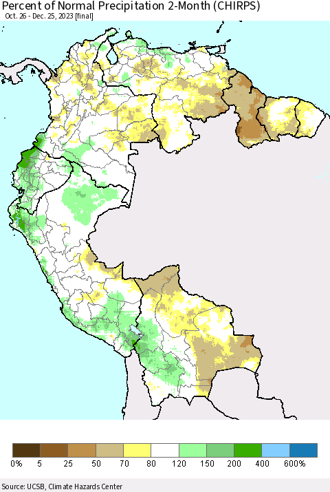 Northern South America Percent of Normal Precipitation 2-Month (CHIRPS) Thematic Map For 10/26/2023 - 12/25/2023