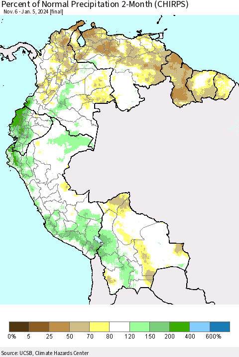 Northern South America Percent of Normal Precipitation 2-Month (CHIRPS) Thematic Map For 11/6/2023 - 1/5/2024