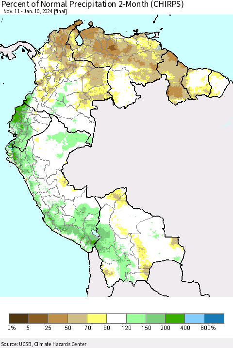 Northern South America Percent of Normal Precipitation 2-Month (CHIRPS) Thematic Map For 11/11/2023 - 1/10/2024