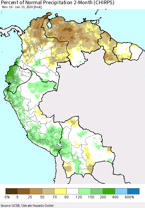 Northern South America Percent of Normal Precipitation 2-Month (CHIRPS) Thematic Map For 11/16/2023 - 1/15/2024