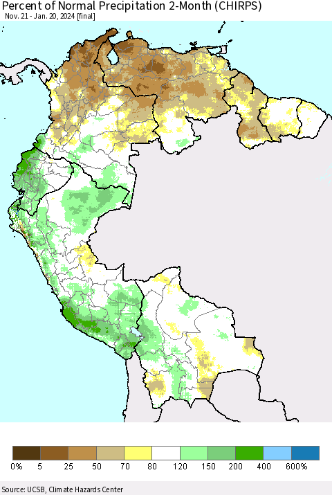 Northern South America Percent of Normal Precipitation 2-Month (CHIRPS) Thematic Map For 11/21/2023 - 1/20/2024