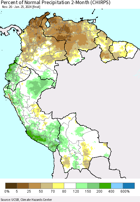 Northern South America Percent of Normal Precipitation 2-Month (CHIRPS) Thematic Map For 11/26/2023 - 1/25/2024