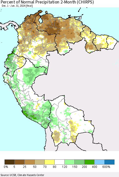 Northern South America Percent of Normal Precipitation 2-Month (CHIRPS) Thematic Map For 12/1/2023 - 1/31/2024