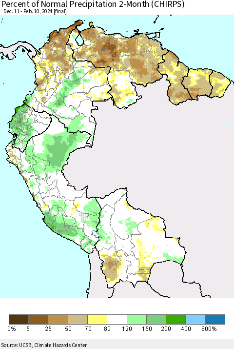 Northern South America Percent of Normal Precipitation 2-Month (CHIRPS) Thematic Map For 12/11/2023 - 2/10/2024