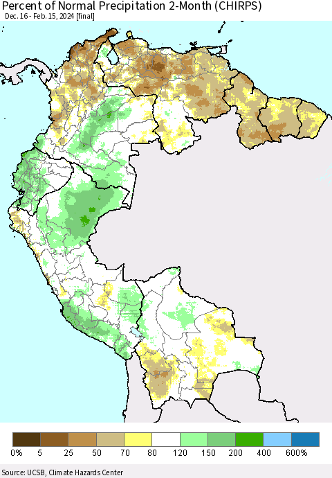 Northern South America Percent of Normal Precipitation 2-Month (CHIRPS) Thematic Map For 12/16/2023 - 2/15/2024