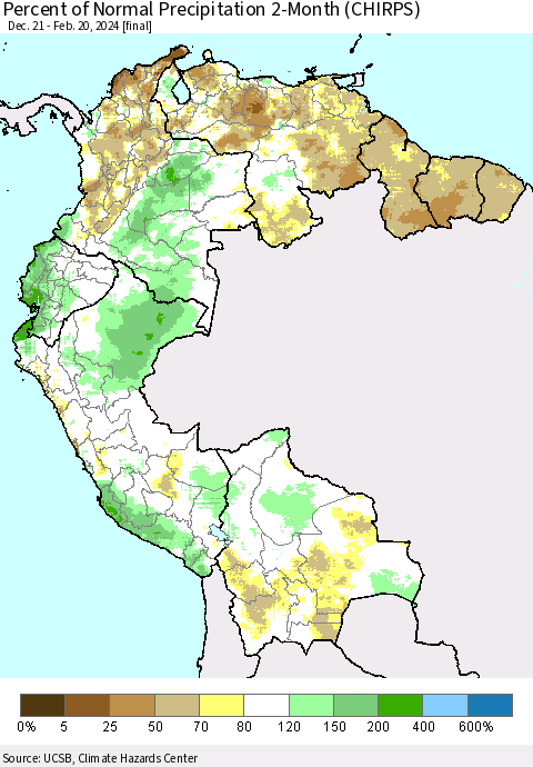 Northern South America Percent of Normal Precipitation 2-Month (CHIRPS) Thematic Map For 12/21/2023 - 2/20/2024
