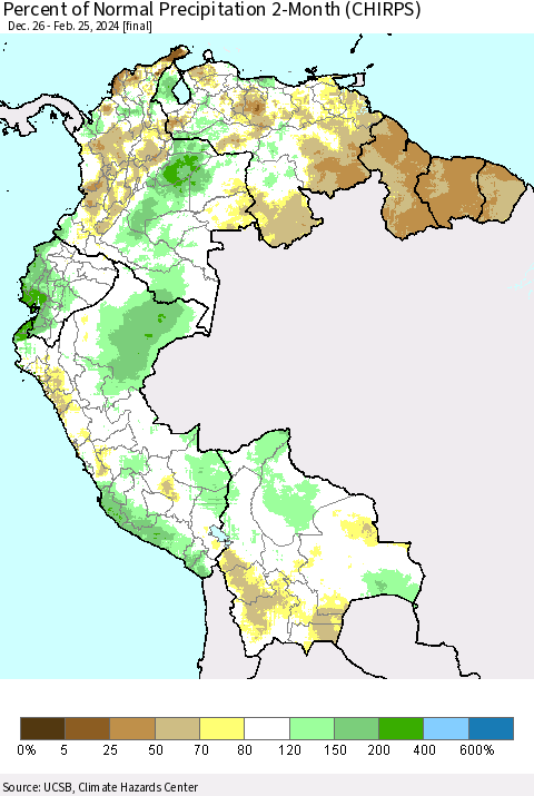 Northern South America Percent of Normal Precipitation 2-Month (CHIRPS) Thematic Map For 12/26/2023 - 2/25/2024